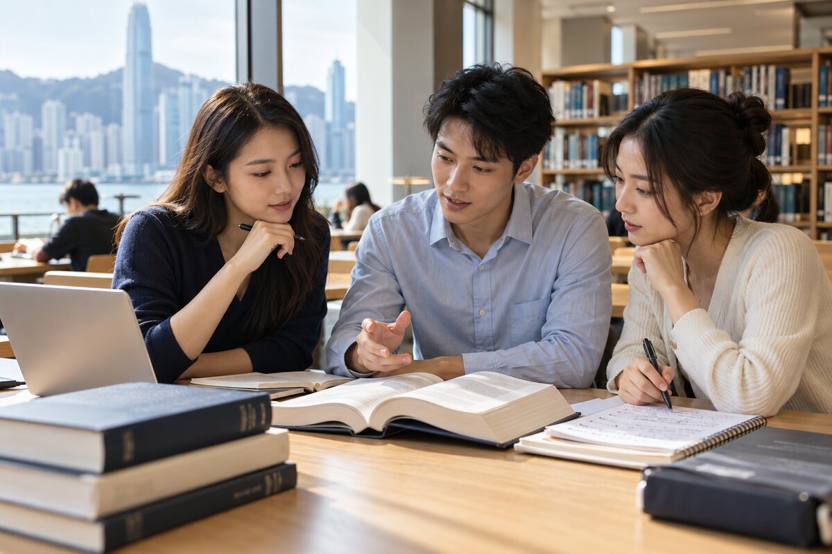 示意圖片：亞洲大學生在圖書館討論學習筆記