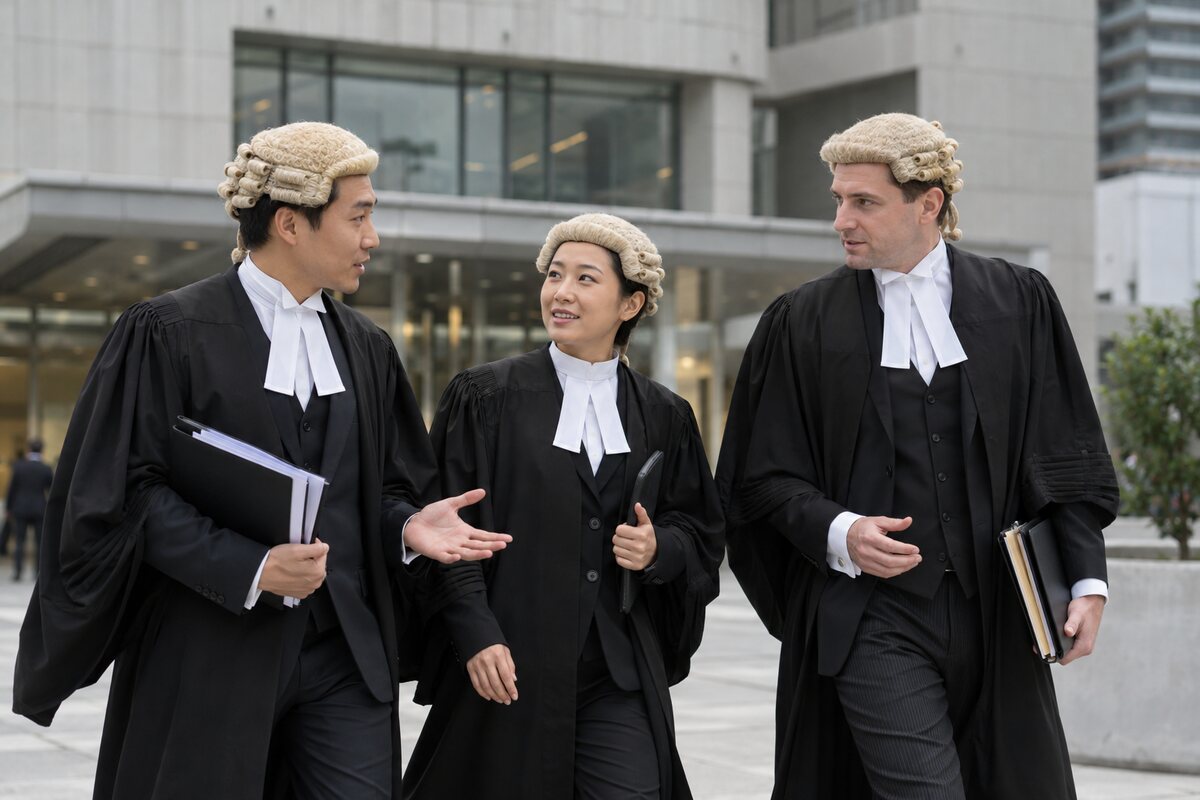 示意圖片：三名身穿法庭服飾的大律師在香港高等法院外交流
